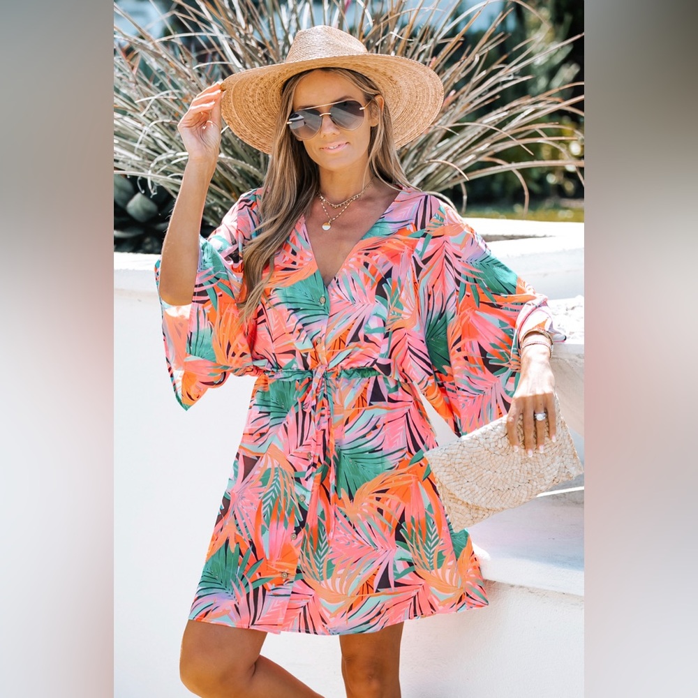 CupShe multicolored tropical leaf print drawstring waist dress in small
